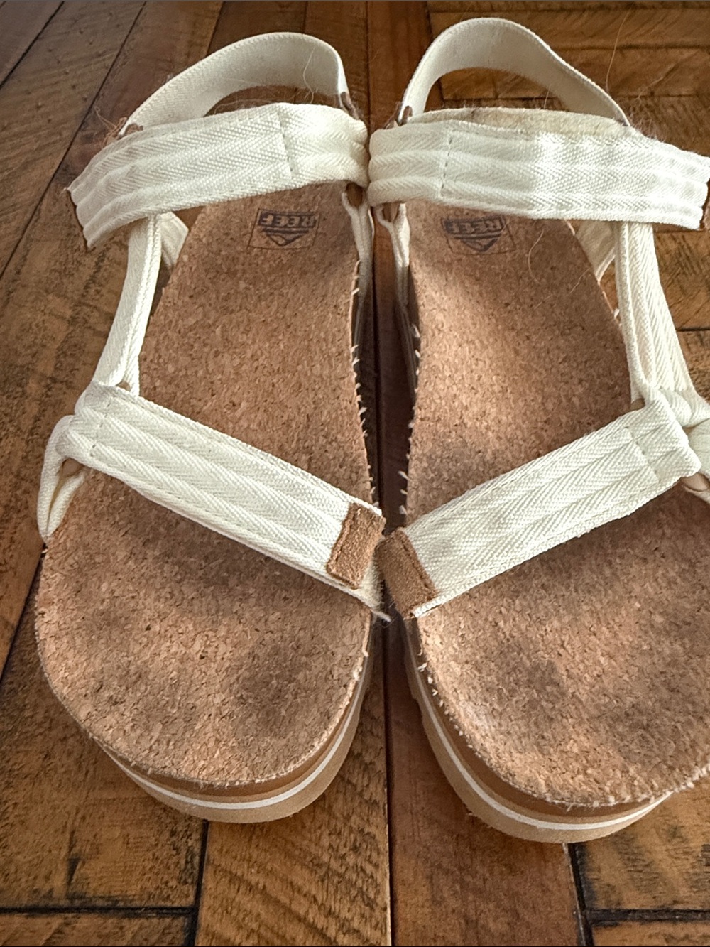 Women's Reef Cream Canvas Strappy Cork Sandals